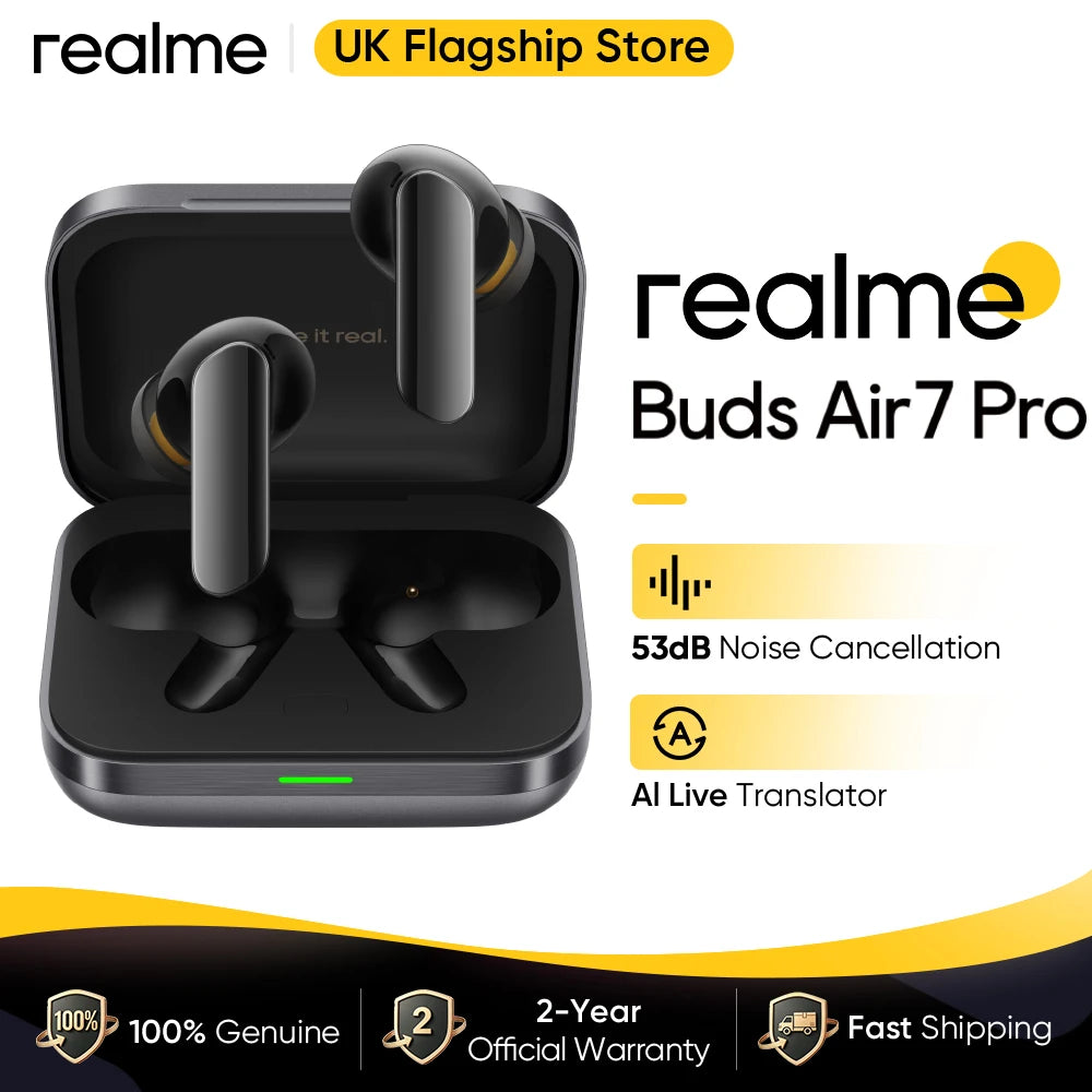 realme Buds Air 7 Pro Dual‑Driver ANC Earbuds 53dB Real-time Noise Cancellation AI Live Translator IP55 Water‑Resistant