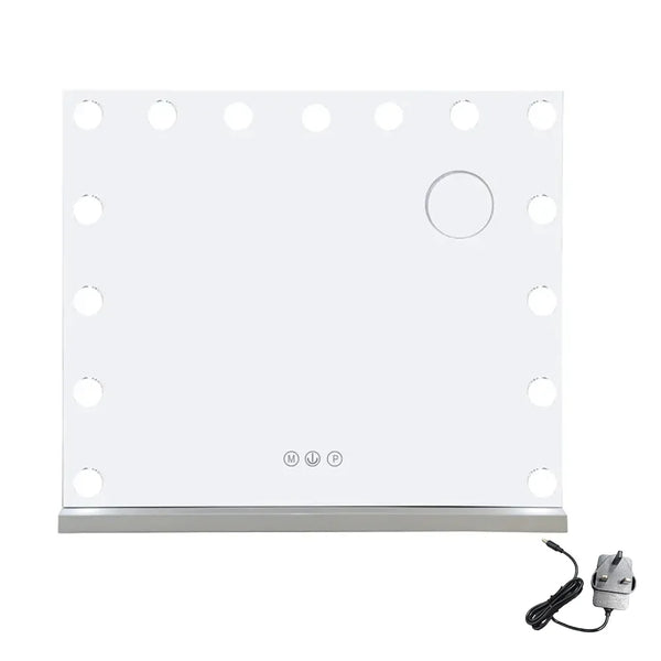 European American Style Bedroom LED Desktop Vanity Mirror 58×46cm 3 Color Modes USB Port Large Lighted with 15 Bulbs