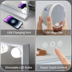European American Style Bedroom LED Desktop Vanity Mirror 58×46cm 3 Color Modes USB Port Large Lighted with 15 Bulbs