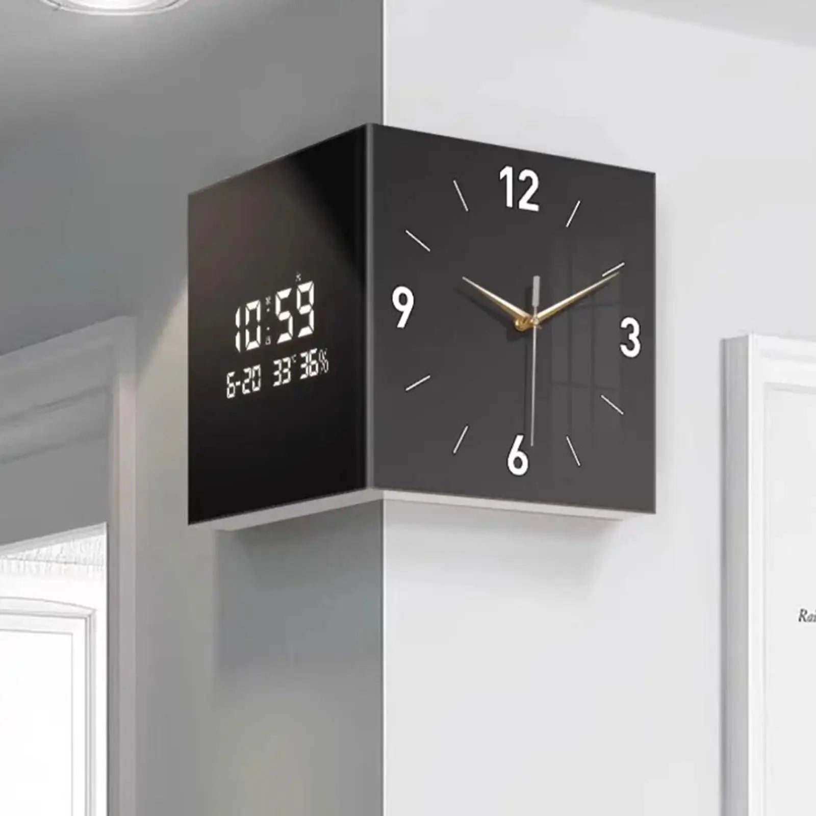 Corner Wall Clock Multipurpose Digital Date Week Display Double Sided Hanging Clock Room Decoration for Home Living Room Kitchen Home Decor