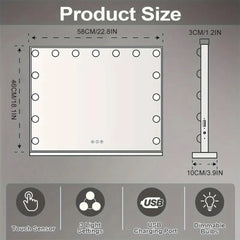 European American Style Bedroom LED Desktop Vanity Mirror 58×46cm 3 Color Modes USB Port Large Lighted with 15 Bulbs
