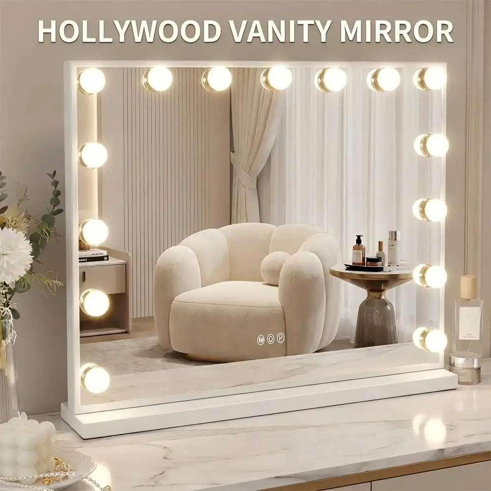 White LED Vanity Mirror Desktop Makeup Mirror with 15 Bulbs 3 Color Modes USB Charging Port Bedroom Dimmable LED Makeup Mirror