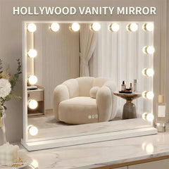 White LED Vanity Mirror Desktop Makeup Mirror with 15 Bulbs 3 Color Modes USB Charging Port Bedroom Dimmable LED Makeup Mirror