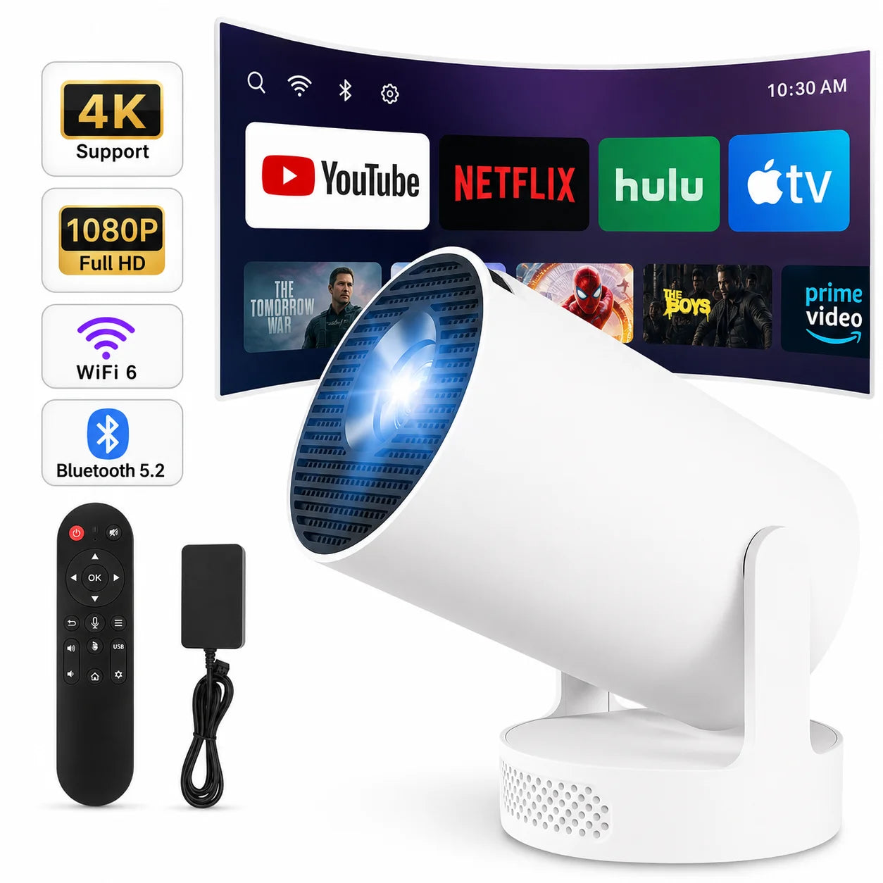 Mini Smart Projector WiFi 6 Bluetooth 5.4 Android 11 720P 4K Support Electric Focus Auto Keystone 180° Rotatable for Bedroom
