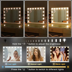 European American Style Bedroom LED Desktop Vanity Mirror 58×46cm 3 Color Modes USB Port Large Lighted with 15 Bulbs