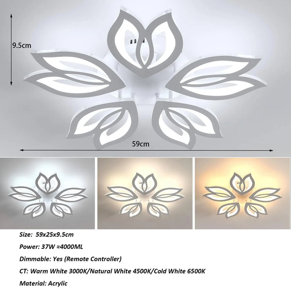 LED Ceiling Lamp, 45W Modern LED Ceiling Light Dimmable with Remote Control, White 5 Petal Heads Acrylic Ceiling Lamp