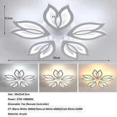 LED Ceiling Lamp, 45W Modern LED Ceiling Light Dimmable with Remote Control, White 5 Petal Heads Acrylic Ceiling Lamp