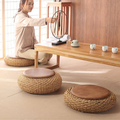 Modern Knitted Round Pouf Ottoman with PU Seat Pad