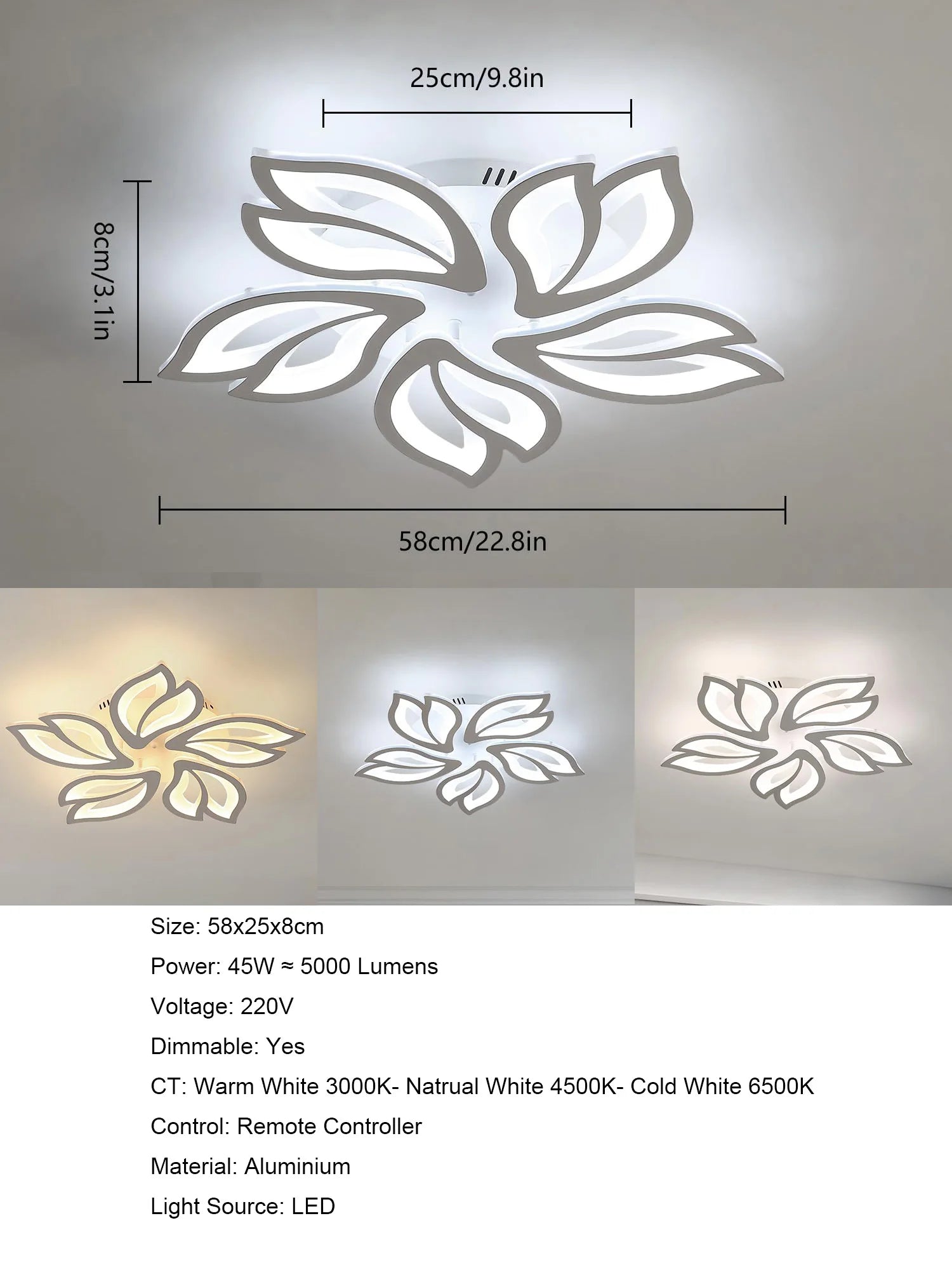 LED Ceiling Lamp, 45W Modern LED Ceiling Light Dimmable with Remote Control, White 5 Petal Heads Acrylic Ceiling Lamp