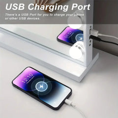 White LED Vanity Mirror Desktop Makeup Mirror with 15 Bulbs 3 Color Modes USB Charging Port Bedroom Dimmable LED Makeup Mirror