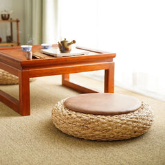 Modern Knitted Round Pouf Ottoman with PU Seat Pad
