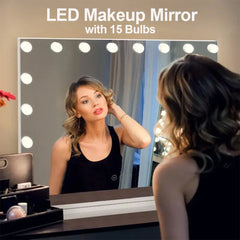 European American Style Bedroom LED Desktop Vanity Mirror 58×46cm 3 Color Modes USB Port Large Lighted with 15 Bulbs