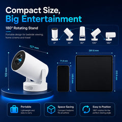 Mini Smart Projector WiFi 6 Bluetooth 5.4 Android 11 720P 4K Support Electric Focus Auto Keystone 180° Rotatable for Bedroom