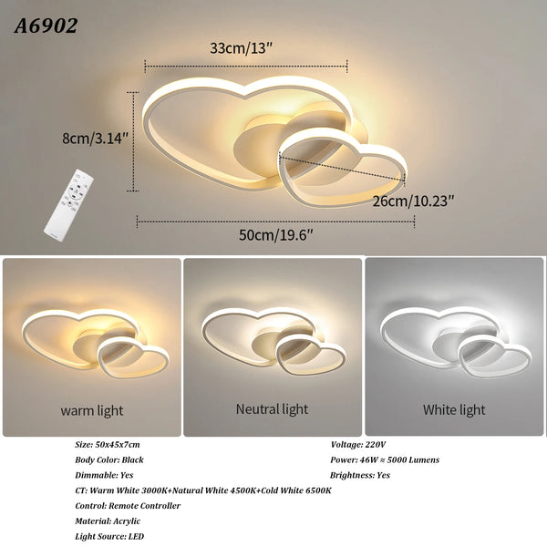 Dimmable LED Ceiling Light,64W Heart Ceiling Lamp 3000K/4500K/6500K,Chandelier White with Remote Control for Bedroom
