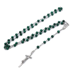 Malachite Cross Pendant Rosary Beads Chain Necklace Christian Religion Men Women Jewelry Charm Gifts
