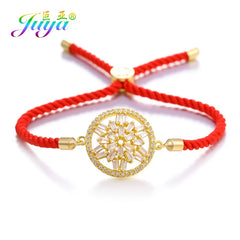Juya Handmade Red Thread Bracelet Supplies Cubic Zirconia Flower Charm Bracelet For Women Fashion Adjustable String Bracelet