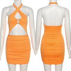Sleeveless Backless Ruched Halter Bodycon Mini Dress – Party & Club