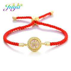 Juya Handmade Red Thread Bracelet Supplies Cubic Zirconia Flower Charm Bracelet For Women Fashion Adjustable String Bracelet