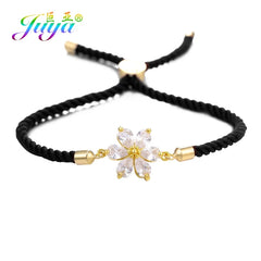 Juya Handmade Red Thread Bracelet Supplies Cubic Zirconia Flower Charm Bracelet For Women Fashion Adjustable String Bracelet