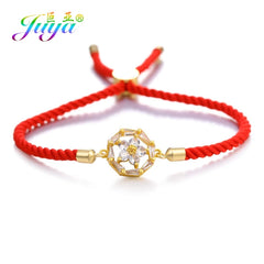 Juya Handmade Red Thread Bracelet Supplies Cubic Zirconia Flower Charm Bracelet For Women Fashion Adjustable String Bracelet