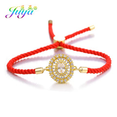 Juya Handmade Red Thread Bracelet Supplies Cubic Zirconia Flower Charm Bracelet For Women Fashion Adjustable String Bracelet