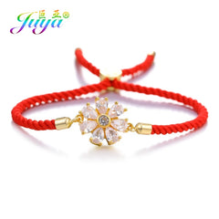 Juya Handmade Red Thread Bracelet Supplies Cubic Zirconia Flower Charm Bracelet For Women Fashion Adjustable String Bracelet