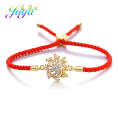 Juya Handmade Red Thread Bracelet Supplies Cubic Zirconia Flower Charm Bracelet For Women Fashion Adjustable String Bracelet