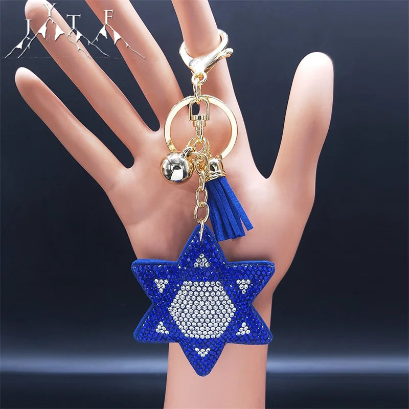 2024 Judaism Hexagram Blue  Crystal Bag Accessories Women Turkey Eye Alloy Gold Color Key Chain Jewelry ojo turco KK11S05