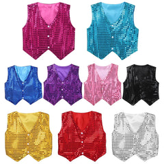 Kids Girls Boys Shiny Sequins Vest Waistcoat Hip-hop Jazz Street Dance Stage Performance Costume Musical Festival Tank Tops