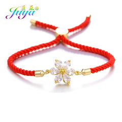 Juya Handmade Red Thread Bracelet Supplies Cubic Zirconia Flower Charm Bracelet For Women Fashion Adjustable String Bracelet