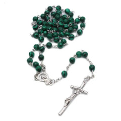 Malachite Cross Pendant Rosary Beads Chain Necklace Christian Religion Men Women Jewelry Charm Gifts