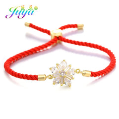 Juya Handmade Red Thread Bracelet Supplies Cubic Zirconia Flower Charm Bracelet For Women Fashion Adjustable String Bracelet