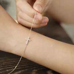Timeless Classic Inlaid Zircon Cross 925 Sterling Silver 14K Gold Plated Thin Bracelet for Women Party Jewelry Gifts