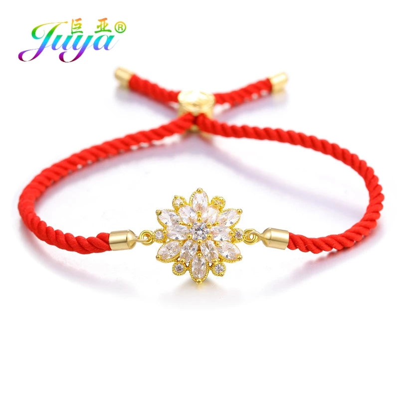 Juya Handmade Red Thread Bracelet Supplies Cubic Zirconia Flower Charm Bracelet For Women Fashion Adjustable String Bracelet