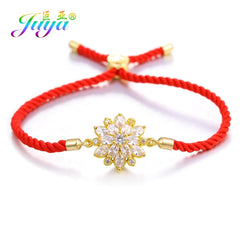 Juya Handmade Red Thread Bracelet Supplies Cubic Zirconia Flower Charm Bracelet For Women Fashion Adjustable String Bracelet