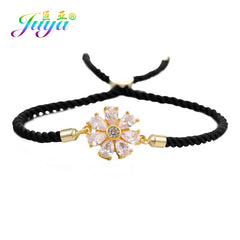 Juya Handmade Red Thread Bracelet Supplies Cubic Zirconia Flower Charm Bracelet For Women Fashion Adjustable String Bracelet
