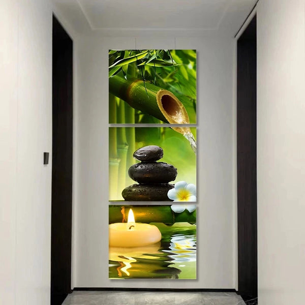 Modern 3 Panel Paintings Poster Bamboo Green on Canvas printings SPA Zen Stone Flower plants Prints Pictures Wall Art home Decor
