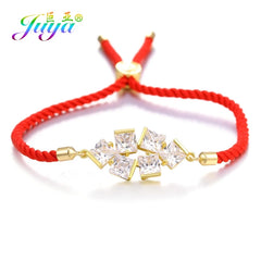 Juya Handmade Red Thread Bracelet Supplies Cubic Zirconia Flower Charm Bracelet For Women Fashion Adjustable String Bracelet