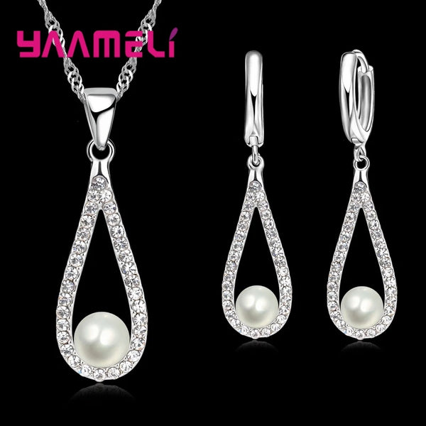 925 Sterling Silver CZ Water Drop Pearl Jewelry Set – Necklace & Earrings