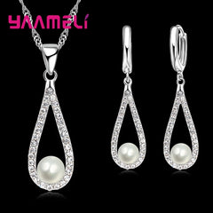 925 Sterling Silver CZ Water Drop Pearl Jewelry Set – Necklace & Earrings