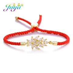 Juya Handmade Red Thread Bracelet Supplies Cubic Zirconia Flower Charm Bracelet For Women Fashion Adjustable String Bracelet