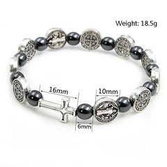 VILLWICE Catholic Rosary Bracelet St. Benedict Medal Cross Prayer Bracelets Hematite Beads Religion Jewelry Accessories