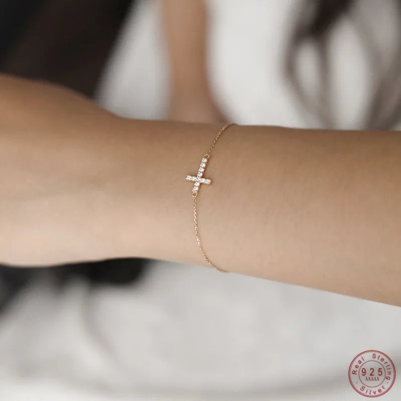 Timeless Classic Inlaid Zircon Cross 925 Sterling Silver 14K Gold Plated Thin Bracelet for Women Party Jewelry Gifts