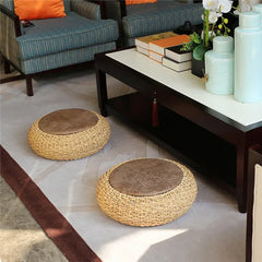 Modern Knitted Round Pouf Ottoman with PU Seat Pad