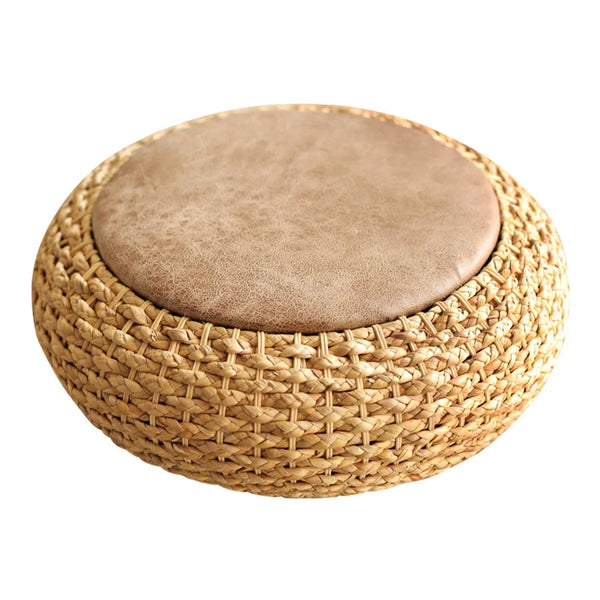 Modern Knitted Round Pouf Ottoman with PU Seat Pad