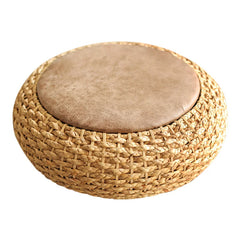 Modern Knitted Round Pouf Ottoman with PU Seat Pad