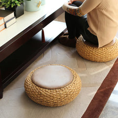 Modern Knitted Round Pouf Ottoman with PU Seat Pad