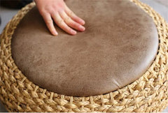 Modern Knitted Round Pouf Ottoman with PU Seat Pad