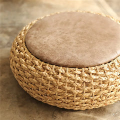 Modern Knitted Round Pouf Ottoman with PU Seat Pad