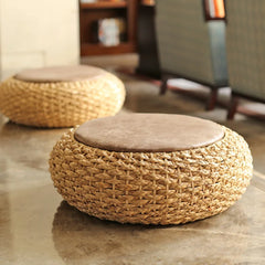 Modern Knitted Round Pouf Ottoman with PU Seat Pad